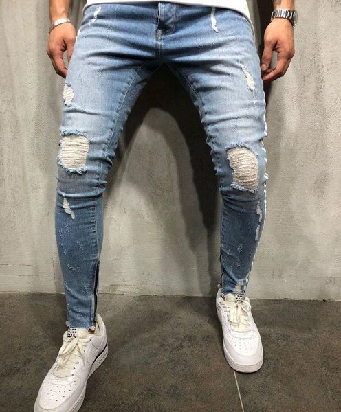 

men hole jeans 2018 autumn spring white striped pleated fake zippers skinny mid-waist full-length denim pencil jeans male, Blue
