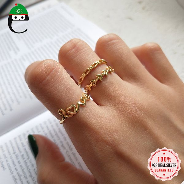

elfoplatasi minimalist genuine 925 sterling silver gold love leaves opening ring for fashion women hophip ring jewelry da1191, Golden;silver