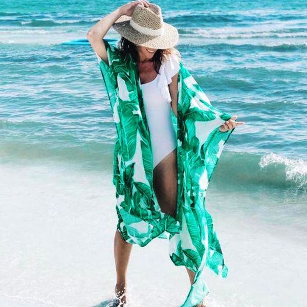

womens summer chiffon semi-sheer maxi kimono cardigan green tropical banana leaves printed bikini cover up 3/4 sleeves, White