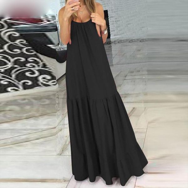 

bohemian women dress 2020 summer sleeveless spaghetti strap ruffle swing dresses female maxi long vestidos plus size, Black;gray