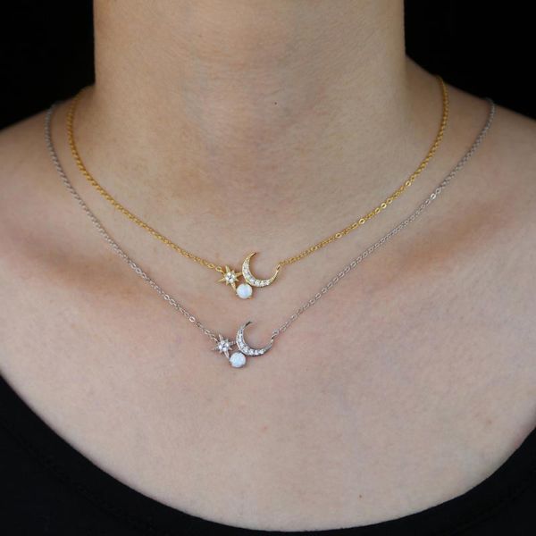 

fiine 925 sterling silver jewelry white fire opal gemstone delicate dainty cz moon star silver necklace for christmas gift