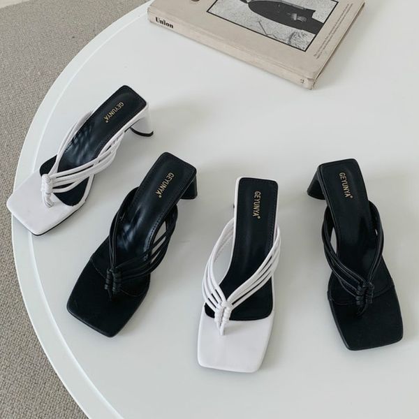 

women's sandals for women and ladies summer chunky-heel hollow-out split toe herringbone high-heel slippers -361-1, Black