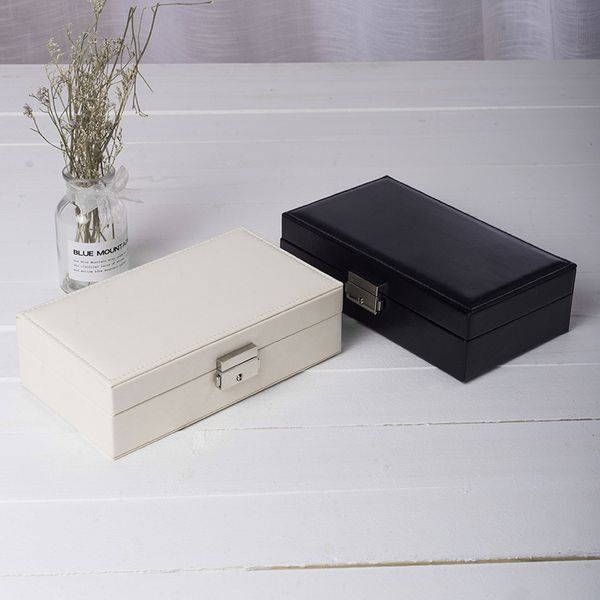 

travel jewelry box women leather rectangle packaging necklace rings earrings storage organizer display mx200810, Black;white