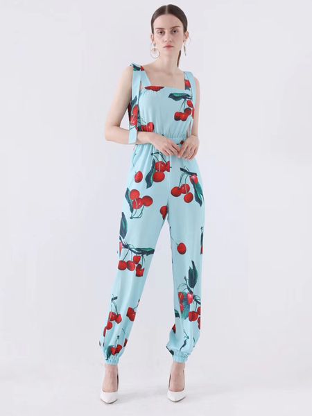

cherry printing jumpsuits fashion new women's sleeveless back hollow out summer leisure wear lady's sweet jumpsuits and rompers, Black;white