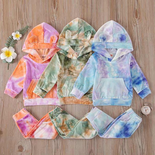 

baby girls tie dye clothing sets long sleeve hooded + pants 2pcs autumn suit boutique kids clothing sets, White