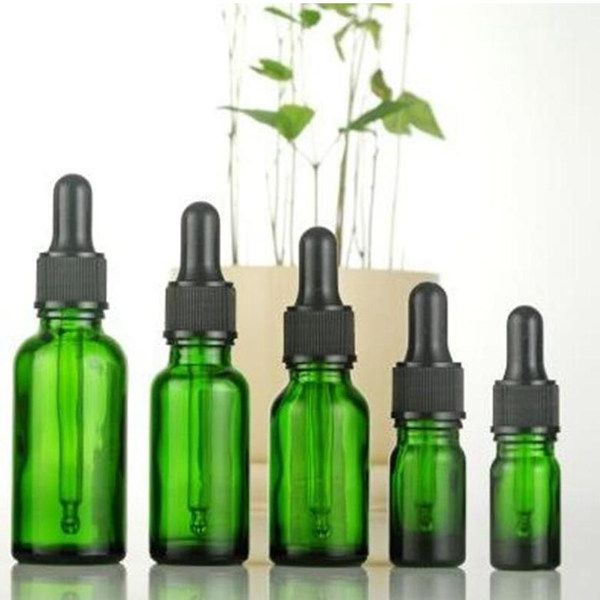 5 ml, 10 ml, 15 ml, 20 ml, grüne Glas-Tropfflaschen, ätherisches Öl, Glas, Gummikopf und kindersichere Kappe, Glaspipette