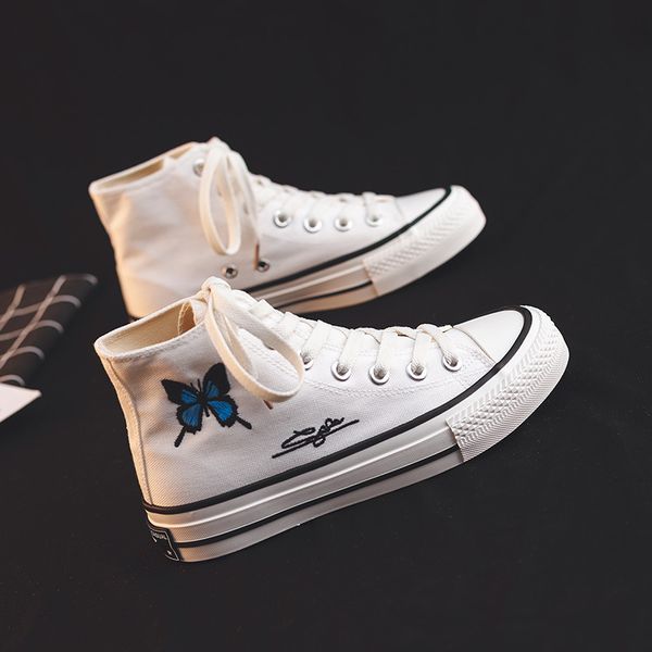 

hight-canvas shoes womens 2020 autumn all-match butterfly embroidered white shoes female students casual womens shoes fashion, Black