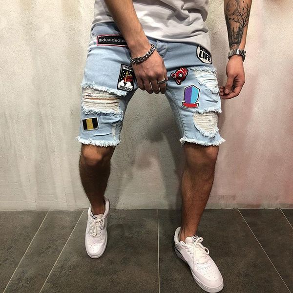 

new stylist mens shorts skinny with slim elastic denim fashion bike pants men ripped hole jean for, White;black