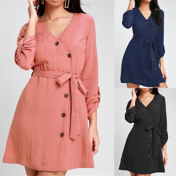 

up dress women v neck solid color single breasted long sleeve dress famale casual apparel high waist lace, Black;gray