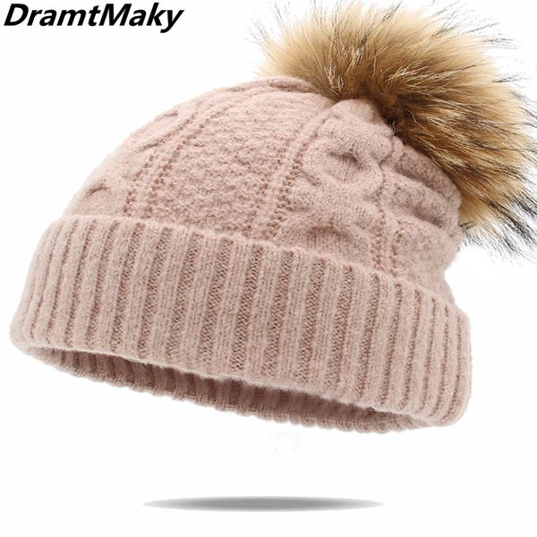 

beanie/skull caps real mink and fur ball cap pompoms winter hat for women's knitted beanie brand thick female bonnet sapka, Blue;gray
