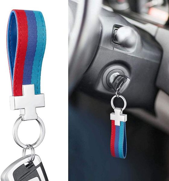 

[3 color] keychain ring nylon strap key band inner pu leather 3-color stripe key fob chain fashion stripe for car wallet, Silver