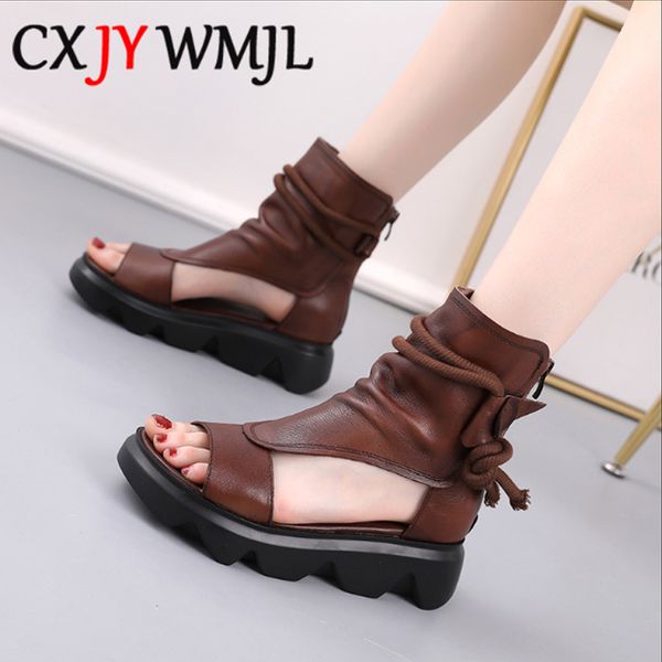 

2020 new summer genuine leather cool boots women sandals retro platform cowhide sandal women's brown back zip open toe flats 40, Black