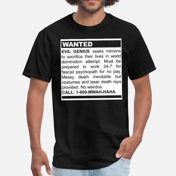 

evil genius seeks minions t shirt men personalized short sleeve crew neck natural cute funny summer vintage shirt