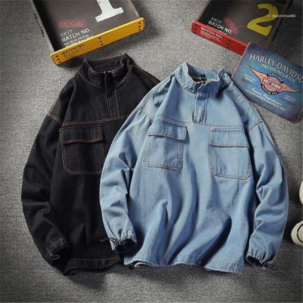 

jackets pullover males casual jackets solid color mens denim jackets long sleeve stand collar mens plus size, Black;brown