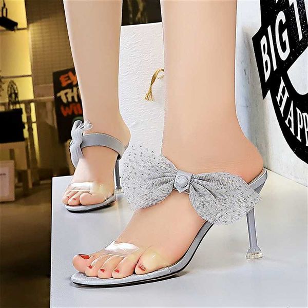 

slippers 2021 fashion lace butterfly-knot outside for women high heel 8cm pump flip flops summer shoes thin heels slides clear, Black