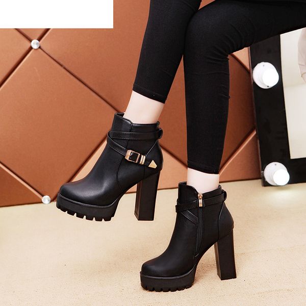 

2020 winter women's boots fashion buckle waterproof platform side pull women's boots round head super high heel pu women's bo, Black