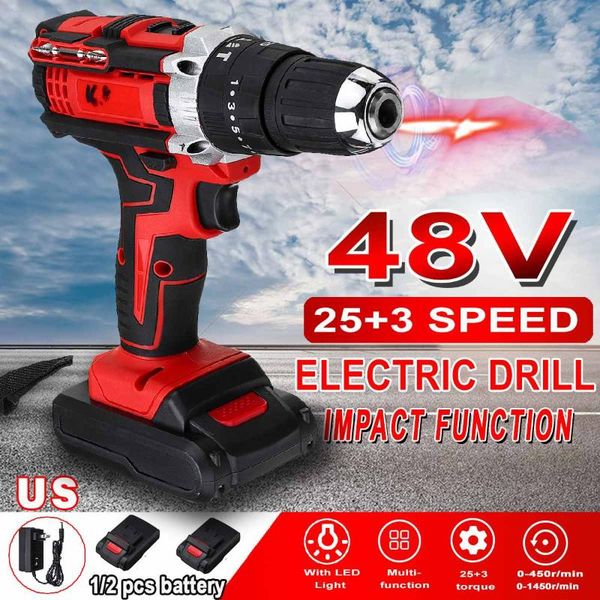 

3 в 1 cordless electric дрель отвертка молоток 25 + 3 крутящий 48в dual speed ​​электроинструмент с 2 батареи