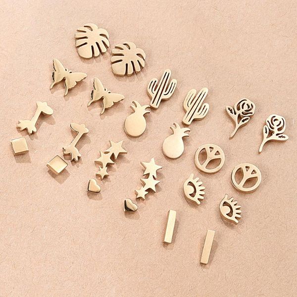 

simple gold silver color stainless steel earrings set for women trendy small flower leafs butterfly earrings studs set jewelry, Golden;silver