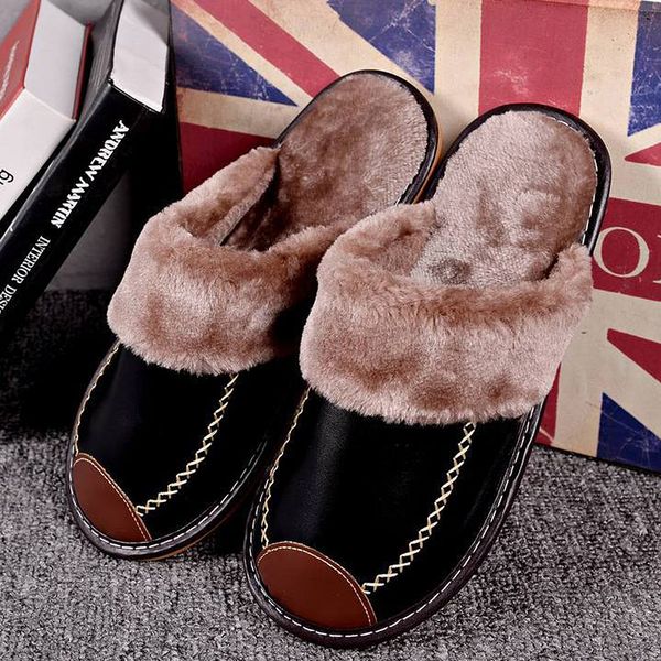 

woman slippers embroidered stitching upper thicken short fur female slippers soft pu leather waterproof stain resistant shoes, Black