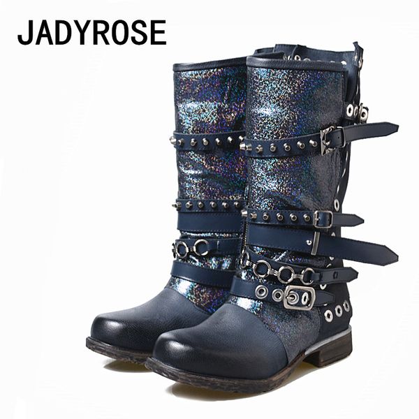 

navy blue real leather women motorcycle boots chains strap punk low heels bottine shoes woman handmade rubber botas feminino, Black