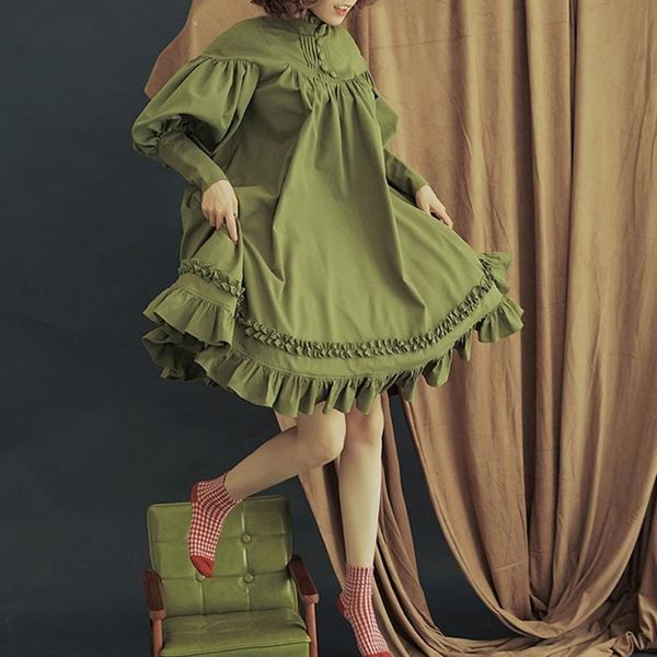 

women solid color o neck long puff sleeve buttons large swing midi lolita dress vintage japanese women lolita dress, Black;gray