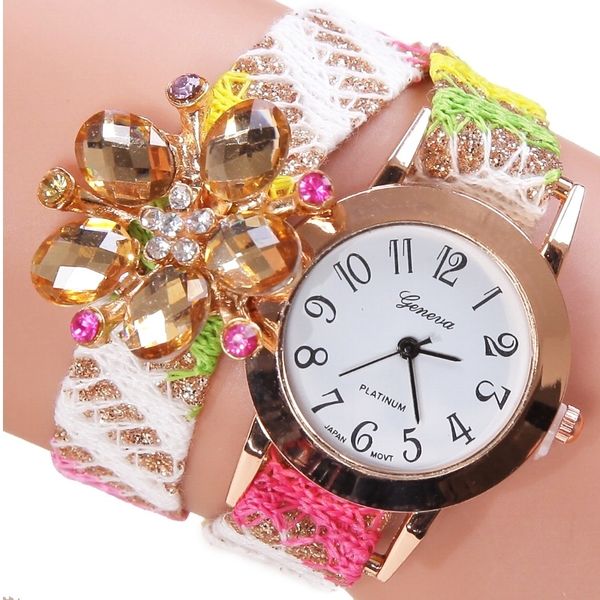 

gnova platinum fabric bracelet watch crystal flower ribbon geneva style vintage rhinestone wristwatch reloj dama fashion, Slivery;brown