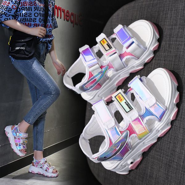 

5cm/1.95 inch height women's chunky open toed sandals fashion woman flat platform shoes summer beach shoes sandalias mujer, Black