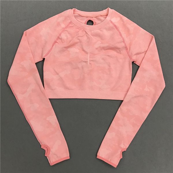 

yoga outfits women camo seamless long sleeve shirts gym crop sportswear t-shirts fitness running workout breathable quick dry, White;red