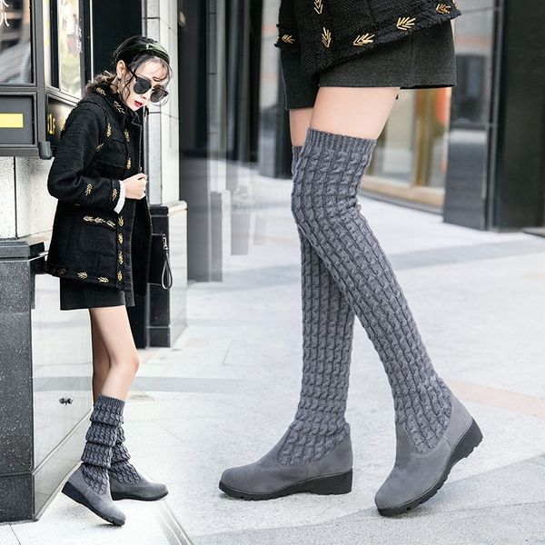 

autumn/winter women's boots knitted wool high barrel over knee-length boots thick bottom slope with women's, Black