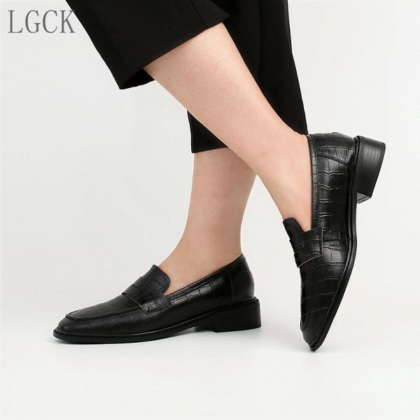 

plus size 34-43 genuine leather women shoes fashion loafers moccasins square toe slip on embossed leather oxford low heels, Black