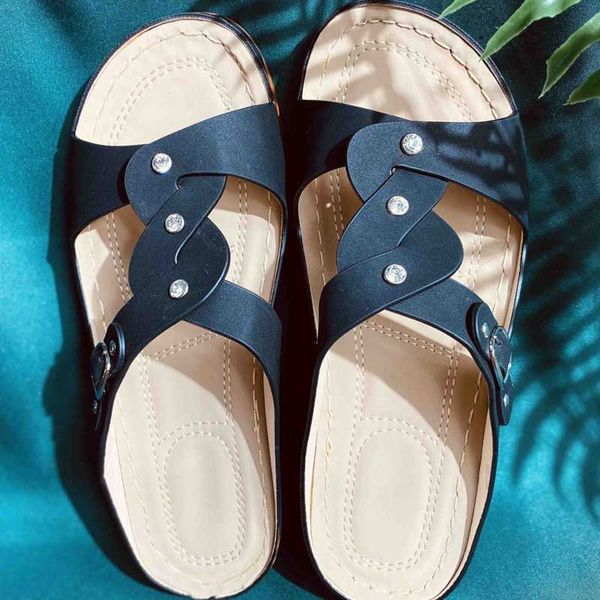 

women's cross braided thick bottom vintage slipper anti-slip open toe wedge heel breathable rhinestones slippers, Black