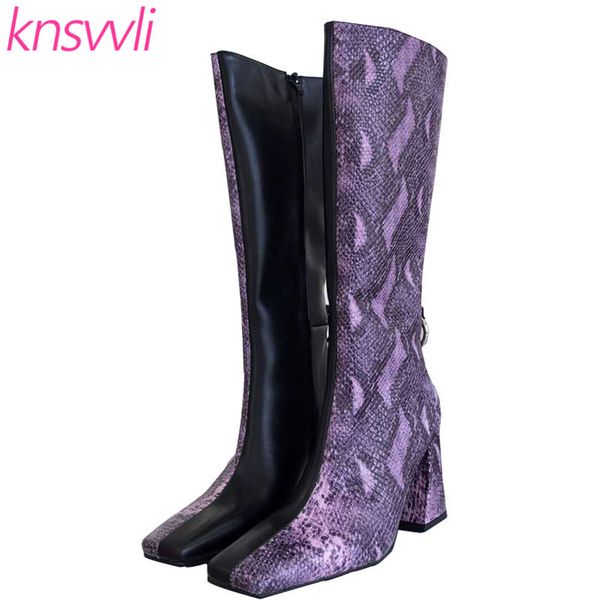 

square toe chunky high heels knee high boots women snake pattern leather knight boots woman patchwork silver women shoes, Black
