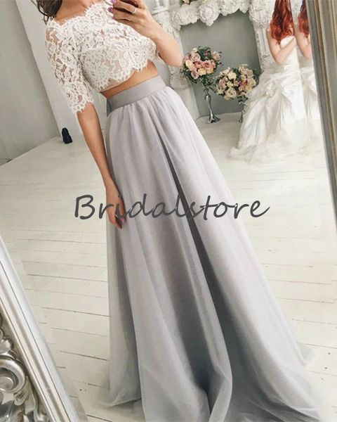 

country style two piece wedding dresses silver crop lace short sleeve bohemian wedding dress 2020 a line full length tulle bride, White