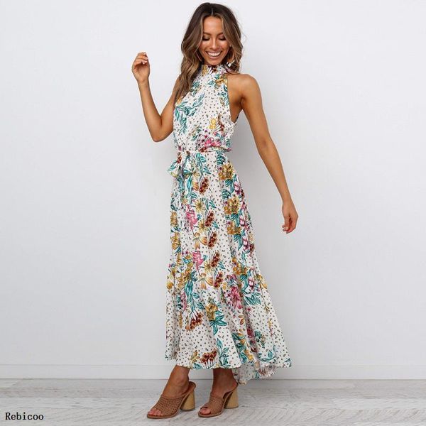 

casual dresses boho floral print halter long dress women backless summer high waist beach maxi womens vestidos femme, Black;gray
