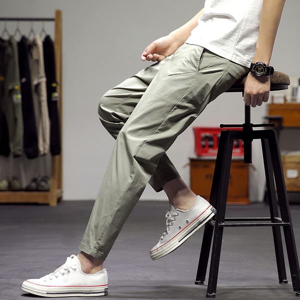 

japanese harem pants men's youth popularity slim-fit leggings fashion summer casual pants solid color cotton elastic, Black