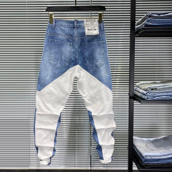 

2020 summer new casual feet jeans male harem pants personality stitching fashion nine-point pants micro-cross tide, Blue