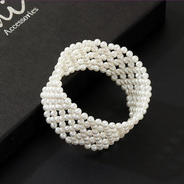 

wholesale 10 pcs handmade weave multi layer pearl beads elastic bracelet for women party gift jewelry, Black