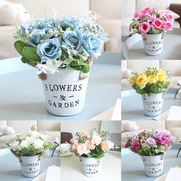 

artificial rose flower iron pot real touch fake rose flower plant bonsai stage home garden wedding party table decoration