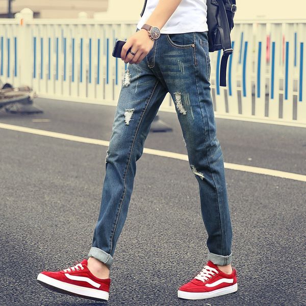 

men's jeans fashion 2021 spring autumn retro ripped hole denim men foot trousers harem distressed moustache effect pants, Blue