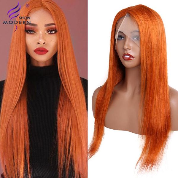 

modern show brazilian hd transparent t part lace front wig ginger orange colored lace front human hair wigs for women remy, Black;brown