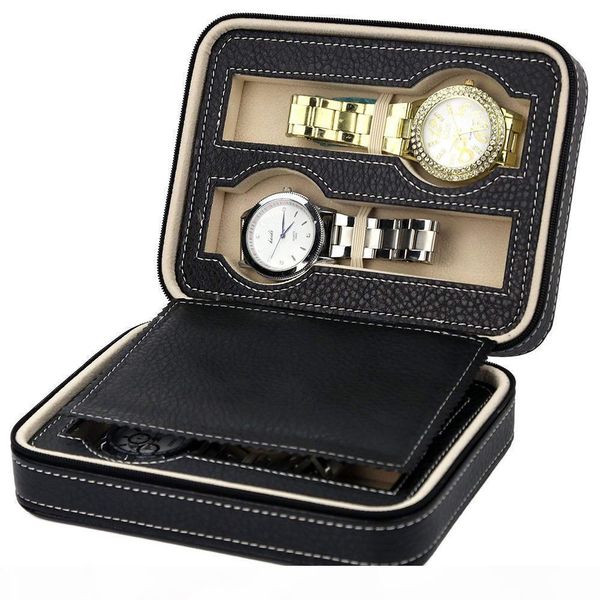 

f portable pu leather 2 4 8 slot watch box display case storage watch organizer holder zipper exquisite and durable to lover d35 sh1907, Black;blue