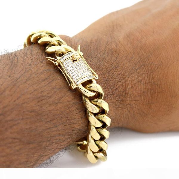 

14мм mens хип-хоп кубинский майами link браслет rhinestone cz застежка iced out золото серебро цепи нержавеющей стали браслет 21см, Black