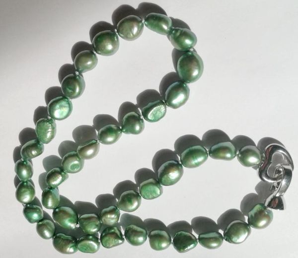 

9x10mm green baroque real pearl necklace heart clasp natural freshwater pearl women jewelry 17'' 43cm, Golden;silver