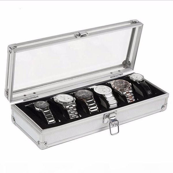 

watch box 6 grid insert slots jewelry watches display storage box case aluminium jewelry decoration winder, Black;blue