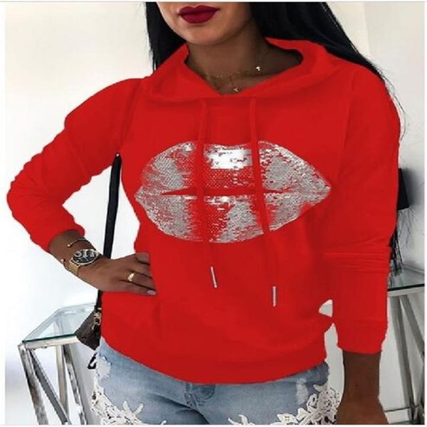 

autumn 2020 women/girl lips printing long sleeve hooded sweatshirt european american style casual loose outerwear, Black