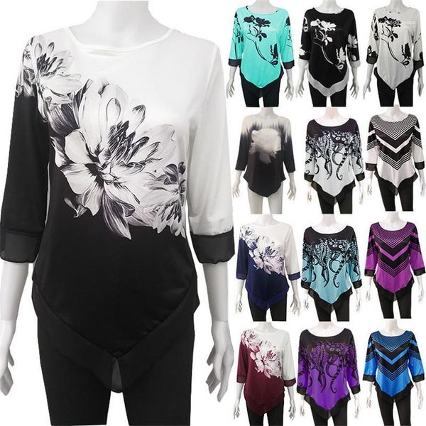 

casual crew neck loose ladies shirts fashion asymmetrical hem luxury female designer womens floral shirts, White