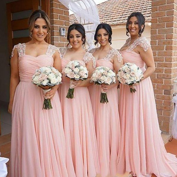 

meat pink chiffon bridesmaid dresses long gown tan country style beach maid of honor party gowns wedding formal wear, White;pink