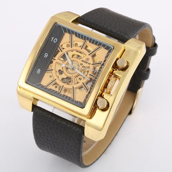 

new 2020 luxury gold square mechanical wristwatches men automatic self-wind skeleton watches men sports big watches leather band, Slivery;brown