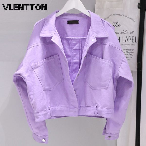 

2020 spring autumn women oversize purple jeans jackets solid pockets casual loose short denim coat female korean cowboy, Black;brown