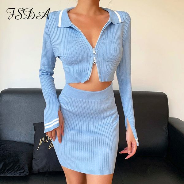 

fsda осень зима 2020 синий с длинным рукавом crop top zip up and mini bodycon юбка женщины set sexy party outfit клуб два комплекта шт, Gray
